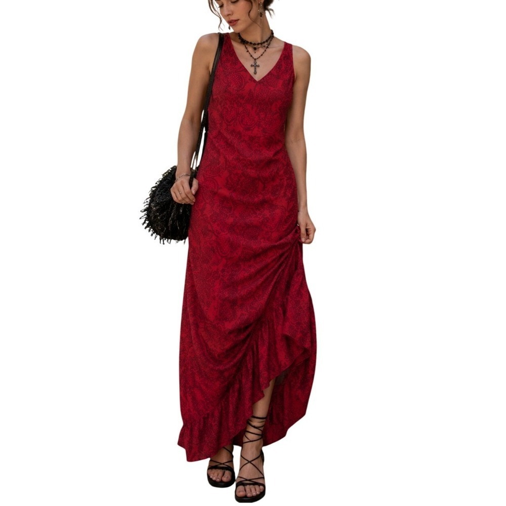 Vintage Y2K Modern Renaissance Whimsigoth Crimson Red Paisley Print Maxi Dres